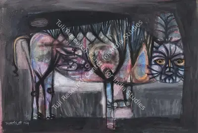 Bhatt, Jyoti (Artist). Cat with a Parrot in her Tummy, 1964 | Painting, Sa.Onl/19.06.25, 2025 · Saffronart