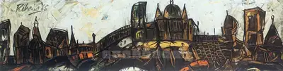 Lance Ribeiro (Artist), City with white sky, 1965, Painting