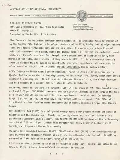 Pacific Film Archive (Presenter). Ghatak Retrospective at Berkley. 1985 | Letter | CinemaEducation | 00457189
