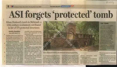 Nivedita Khandekar (Reporter), ASI forgets Protected Tomb, 2009, Newspaper Clipping