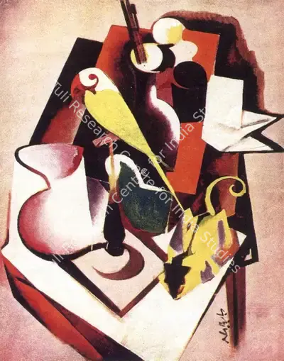 N.S. Bendre (Artist), Parrot and Chameleon, 1950, Painting