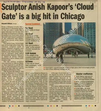 Mayank Chhaya (Reporter), Sculptor Anish Kapoor's 'Cloud Gate' Is a Big Hit In Chicago, 2006, Newspaper Clipping