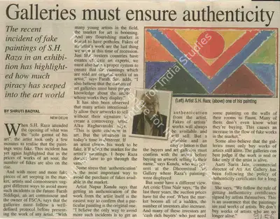 Shruti Badyal (Reporter), Galleries Must Ensure Authenticity, 2009, Newspaper Clipping