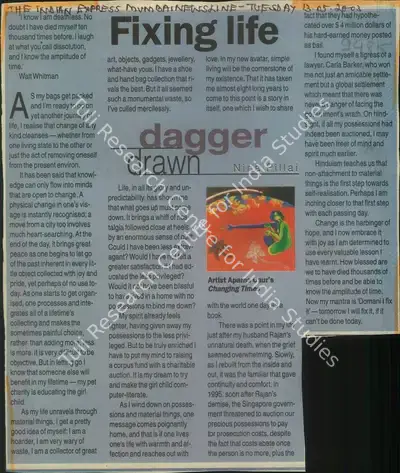 Nina Pillai (Writer), Fixing Life, 2003, Newspaper Clipping