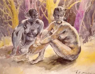 M.R. Acharekar (Artist), Nudes in a Landscape, 1954, Painting