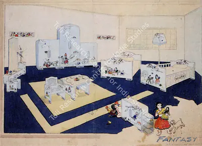 Husain, M.F. (Artist). Design for a Suite of Nursery Furniture Decorated with Scenes of Indian Village Life. Gouache on paper, unframed, n.d. | Painting | FineArts | 00373646
