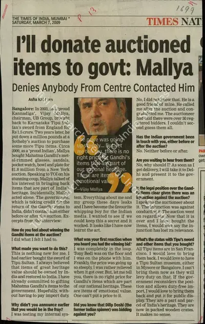 Asha Rai (Reporter), I'll donate auctioned items to govt: Mallya, 2009, Newspaper Clipping