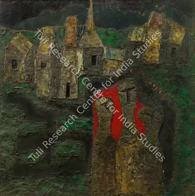 Sagara, Piraji (Artist). Untitled (Kashmir Landscape with Three Figures). Mixed media on board, 1962 | Painting | FineArts | 00336311