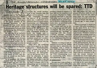 A. Devarajan (Reporter), Heritage Structures will be Spared: TTD, 2003, Newspaper Clipping