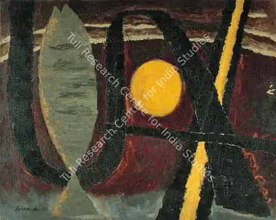 Biren De (Artist), Moon and the Fish, 1958, Painting