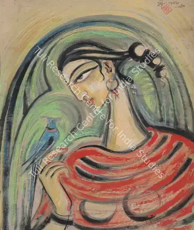Sudhir Khastgir (Artist), Untitled (Lady with Bird), 1939, Drawing