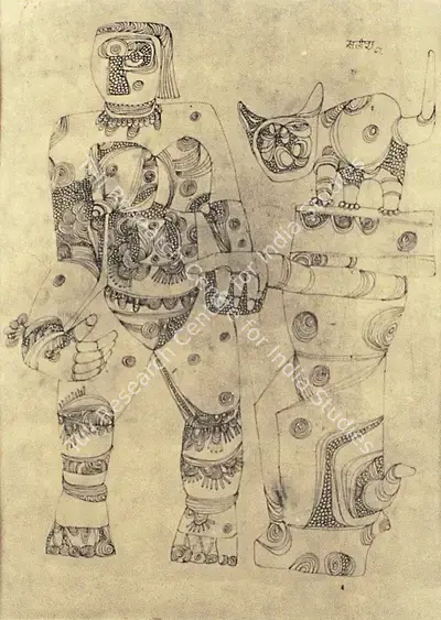 Satish Gujral (Artist), Cat & Woman, 1967, Drawing