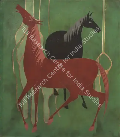 Rasik D. Raval (Artist), Two Horses, 1973, Painting