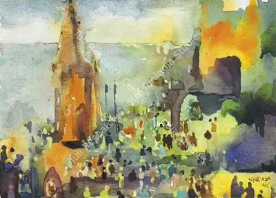 S.H. Raza (Artist), Untitled (Cityscape), 1946, Painting