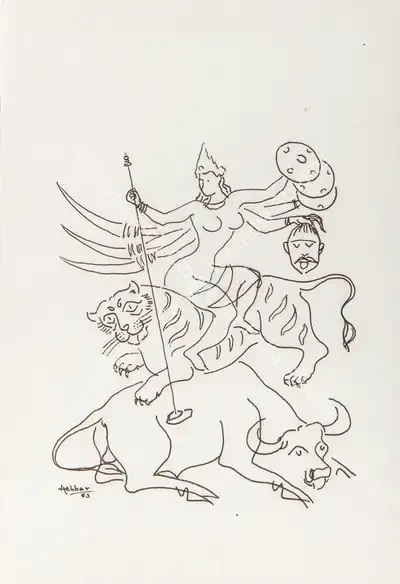 K.K. Hebbar (Artist), Durga, 1983, Drawing
