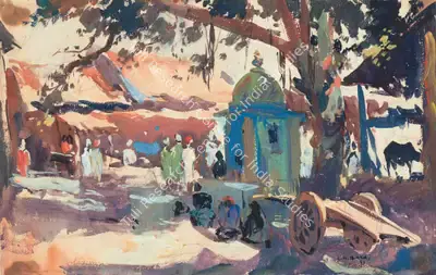 S.H. Raza (Artist), Untitled (Village Scene), 1949, Painting