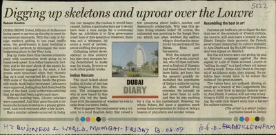Rakesh Kombra (Writer), Digging Up Skeletons And Uproar Over the Louvre, 2007, Newspaper Clipping