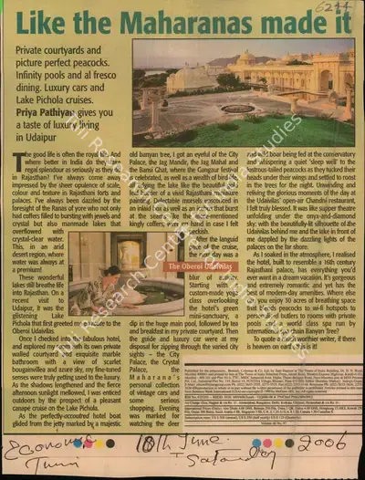 Priya Pathiyan (Reporter), Like the Maharanas made it, 2006, Newspaper Clipping