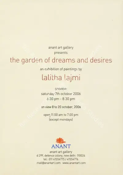 Lalitha Lajmi (Artist), The Garden of Dreams and Desires, 2006, Solo Exhibition Invitation