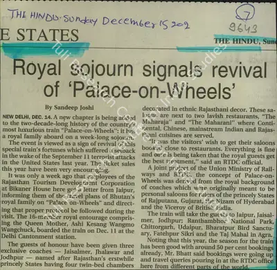 Sandeep Joshi (Reporter), Royal Sojourn Signals Revival of 'Palace-On-Wheels', 2002, Newspaper Clipping