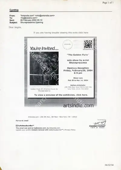 Shuvaprassana (Artist), The Golden Flute by Shuvaprasanna, 2004, Solo Exhibition Invitation