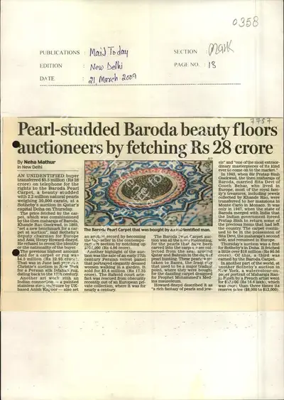 Neha Mathur (Reporter), Pearl Studded Baroda Beauty Floors Auctioneers by Fetching Rs 28 Crore, 2010, Newspaper Clipping