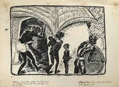Chittaprosad (Artist). A Bagadi Family- Almost Naked And Starving. Pencil, brush and ink on paper, 1944 | Drawing | FineArts | 00757216