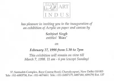 Serbjeet Singh (Artist), Riaz', 1998, Solo Exhibition Invitation