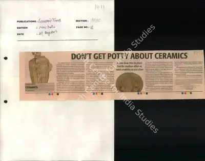 Manoj Nair (Reporter), Don't Get Potty about Ceramics, 2009, Newspaper Clipping