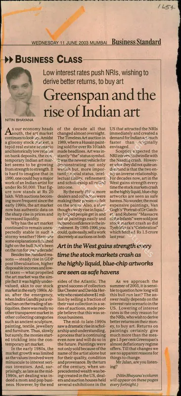 Nitin Bhayana (Reporter), Greenspan and the rise of Indian art, 2003, Newspaper Clipping