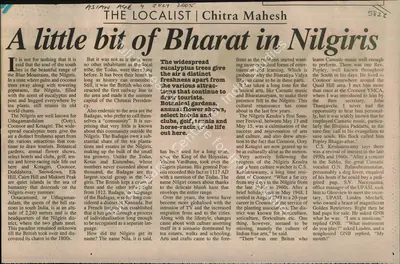 Chitra Mahesh (Writer), A Little Bit Bharat in Nilgiris, 2005, Newspaper Clipping