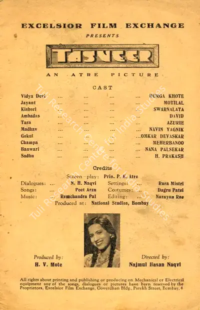 H.V. Mote (Producer), Tasveer, 1943, Song-Synopsis Booklet