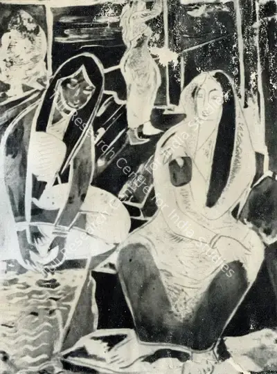 Nirode C. Mazumdar (Artist), Women on the Steps, Graphic Art