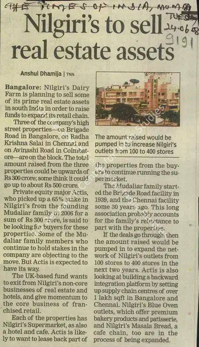 Anshul Dhamija (Reporter), Nilgiri's to Sell Real Estate Assets, 2006, Newspaper Clipping