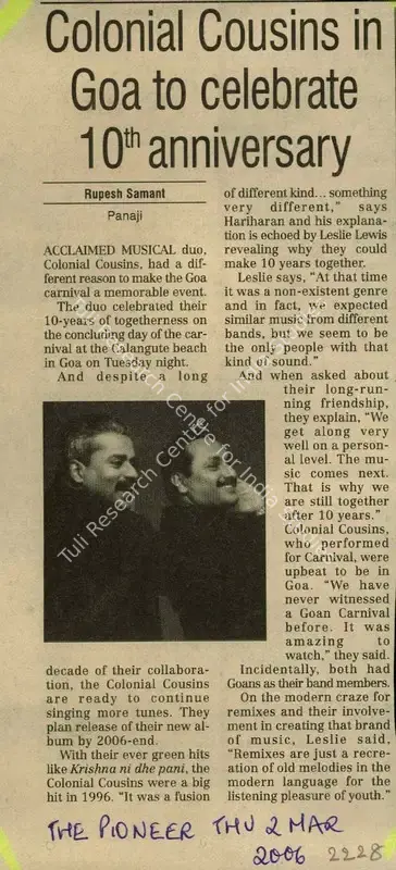 Rupesh Samant (Writer), Colonial Cousins In Goa To Celebrate 10th Anniversary, 2006, Newspaper Clipping