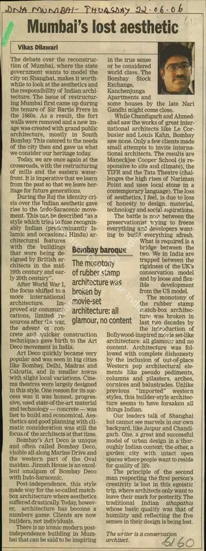 Vikas Dilawari (Reporter), Mumbai's lost Aesthetic, 2006, Newspaper Clipping