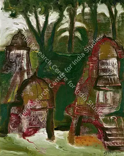 Manu Parekh (Artist), Temple Tree and River, 2001, Painting