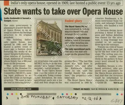 Smita Deshmukh (Reporter), State wants to take over Opera House, 2006, Newspaper Clipping