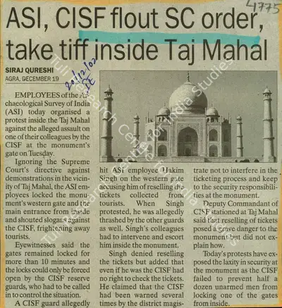 Siraj Qureshi (Reporter), ASI, CISF Flout SC Order, take tiff Inside Taj Mahal, 2002, Newspaper Clipping