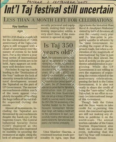 Vijay Upadhyay (Reporter), Int'l Taj Festival Still Uncertain, 2004, Newspaper Clipping