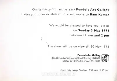 Ramkumar (Artist), Ram Kumar, 1998, Solo Exhibition Invitation