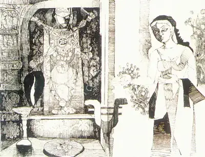 Ray, Shyamal Dutta (Artist). The Beggar Girl in the Kali Temple, n.d. | Drawing, So.Lon/08.10.96