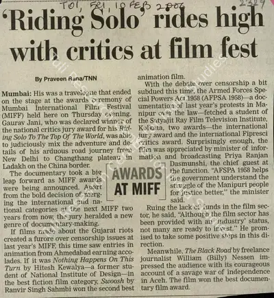 Praveen Rana (Reporter), Riding Solo' Rides High With Critics At Film Fest, 2006, Newspaper Clipping