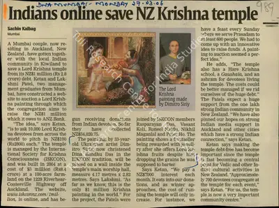 Sachin Kalbag (Reporter), Indian Online Save NZ Krishna Temple, 2006, Newspaper Clipping
