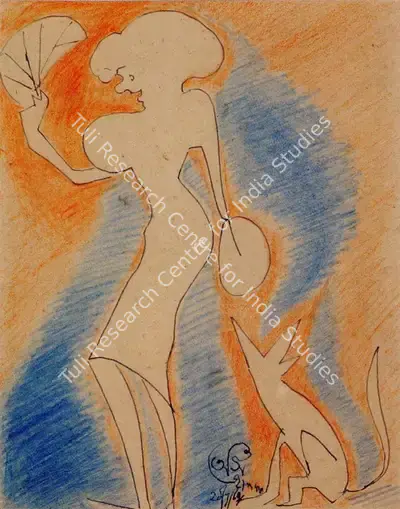 A.K. Haldar (Artist), A Caricature of a Woman and Dog, 1960, Painting