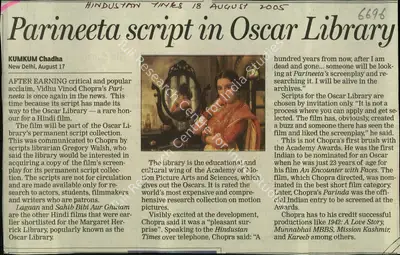 Kumkum Chadha (Reporter), Parineeta Script in Oscar Library, 2005, Newspaper Clipping