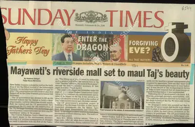 Rashme Sehgal (Reporter), Mayawati's Riverside mall set to maul Taj's Beauty, 2003, Newspaper Clipping