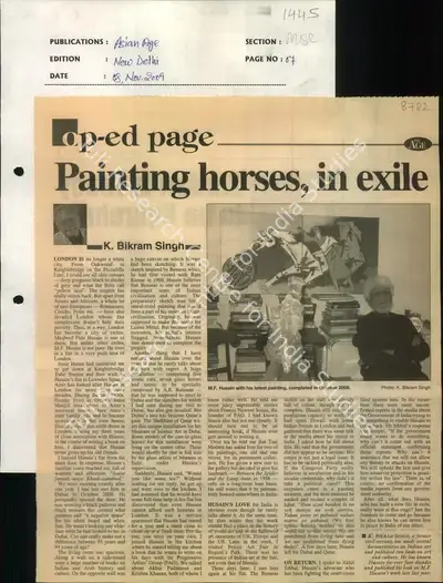 K. Bikram Singh (Writer), Painting Horses, in Exile, 2009, Newspaper Clipping