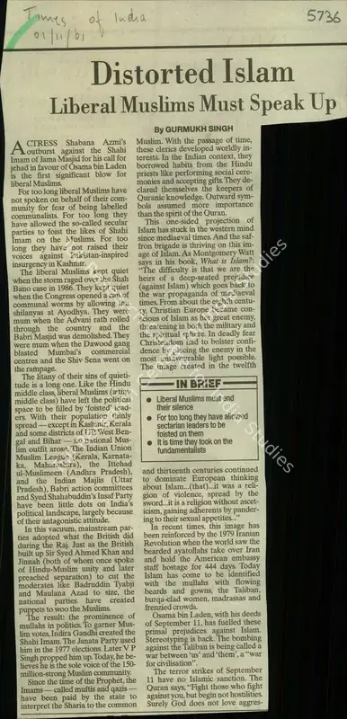 Gurmukh Singh (Writer), Distorted Islam, 2001, Newspaper Clipping