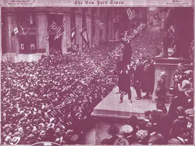 Unknown Photographer (Photographer), Image published in The New York Times on April 14, 1918: Charlie Chaplin hoisted on the shoulders of Douglas Fairbanks, at a rally in Wall Street promoting Liberty Bonds to raise funds for World War I, Newspaper Clipping 